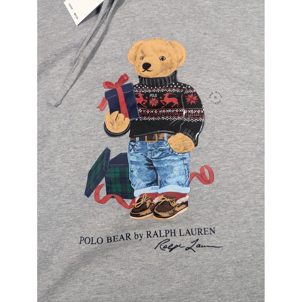 Polo Ralph Lauren Hooded Shirt Mens XL Gray Polo Bear Christmas Long Sleeve NWT - Picture 2 of 13